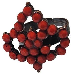 Vintage Red Beaded Ring Copper Tone Adjustable Geometric Design Retro Fashion